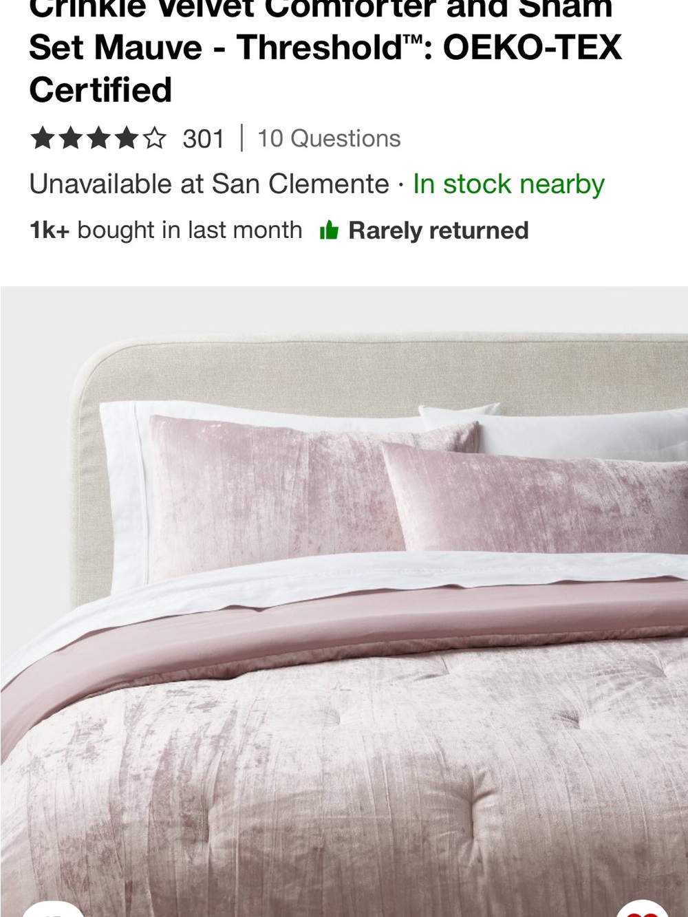 Threshold Crinkle Velvet Comforter and Shams in Mauve Blush